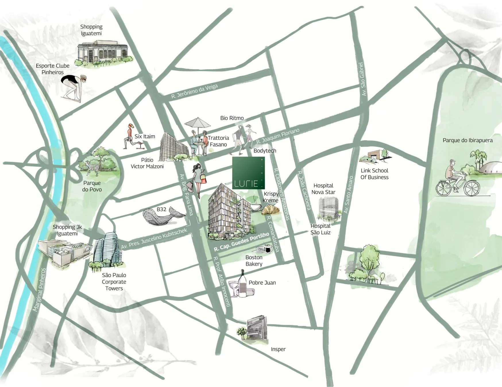 Mapa ilustrado da localização do Lurie Itaim no Itaim Bibi